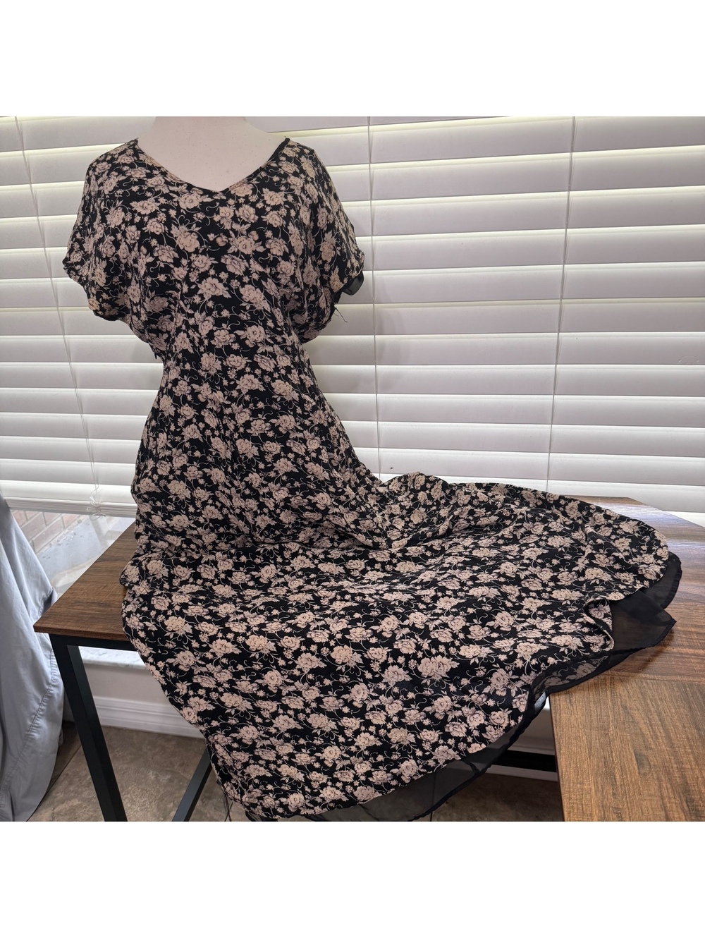 Vintage Pat Argenti Black Floral Silk Dress Size 10